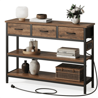 Aufeile 43" Narrow Console Table, Entryway Table with 3 Drawers and Outlets, Fabirc Sofa Table with Open Shelves for Couch, Hallway, Foyer, Living Room, Brown