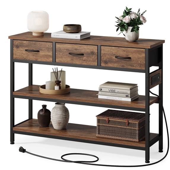 Aufeile 43" Narrow Console Table, Entryway Table with 3 Drawers and Outlets, Fabirc Sofa Table with Open Shelves for Couch, Hallway, Foyer, Living Room, Brown