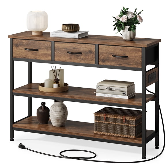 Aufeile 43" Narrow Console Table, Entryway Table with 3 Drawers and Outlets, Fabirc Sofa Table with Open Shelves for Couch, Hallway, Foyer, Living Room, Brown