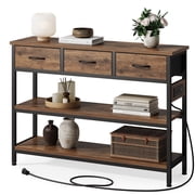 Aufeile 43" Narrow Console Table, Entryway Table with 3 Drawers and Outlets, Fabric Sofa Table with Open Shelves for Couch, Hallway, Foyer, Living Room, Brown