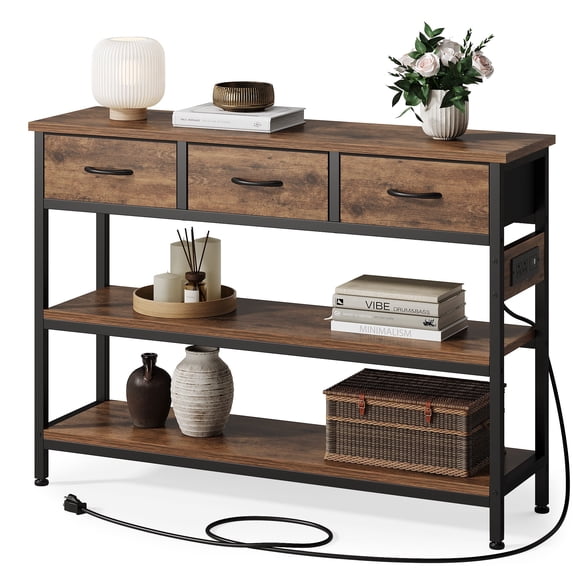 Aufeile 43" Narrow Console Table, Entryway Table with 3 Drawers and Outlets, Fabric Sofa Table with Open Shelves for Couch, Hallway, Foyer, Living Room, Brown