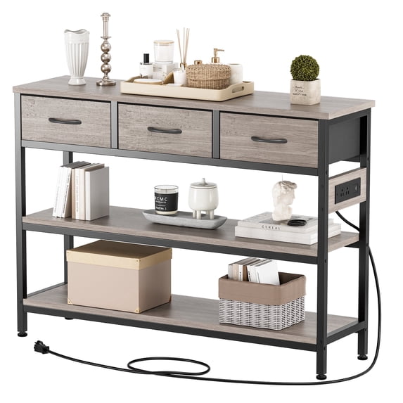 Aufeile 43" Narrow Console Table, Entryway Table with 3 Drawers and Outlets, Fabirc Sofa Table with Open Shelves for Couch, Hallway, Foyer, Living Room, Gray