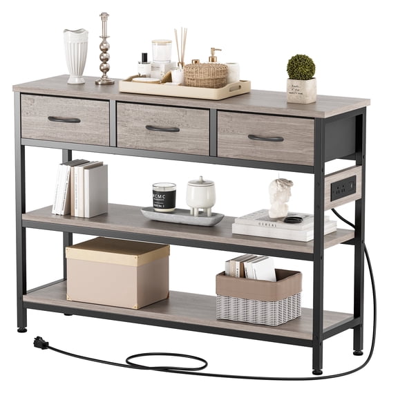 Aufeile 43" Narrow Console Table, Entryway Table with 3 Drawers and Outlets, Fabric Sofa Table with Open Shelves for Couch, Hallway, Foyer, Living Room, Gray