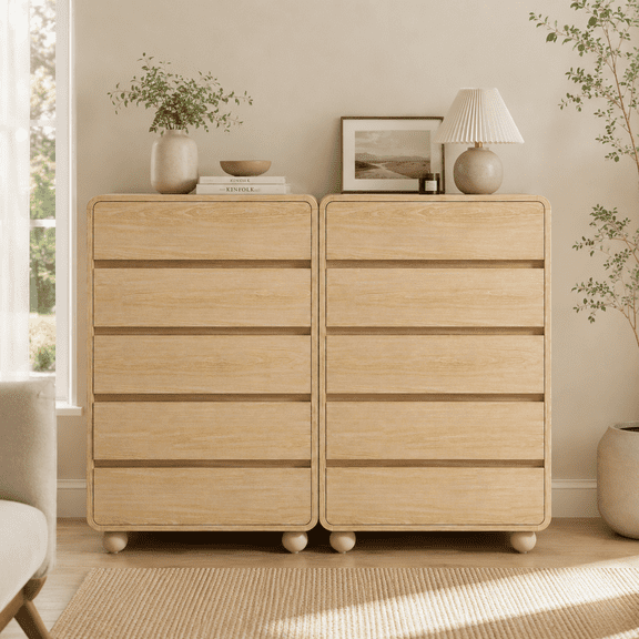 Aufeile 5 Drawer Wood Dresser Set of 2, 41" Tall Vertical Chest of Drawers with Curved Design, Modern Storage Cabinets for Bedroom, Living Room & Entryway, Natural