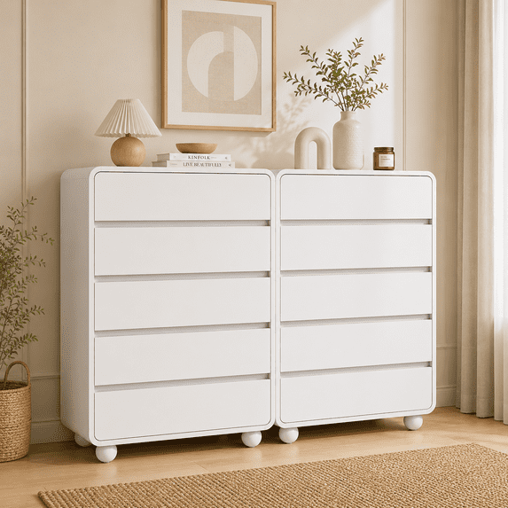 Aufeile 5 Drawer Wood Dresser Set of 2, 41" Tall Vertical Chest of Drawers with Curved Design, Modern Storage Cabinets for Bedroom, Living Room & Entryway, White