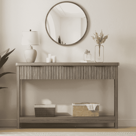 Aufeile 51" Console Table for Entryway, Fluted Entryway Table with 3 Storage Drawers and Open Shelf, Narrow Couch Sofa Table for Living Room Hallway Entrance Foyer, Gray Oak