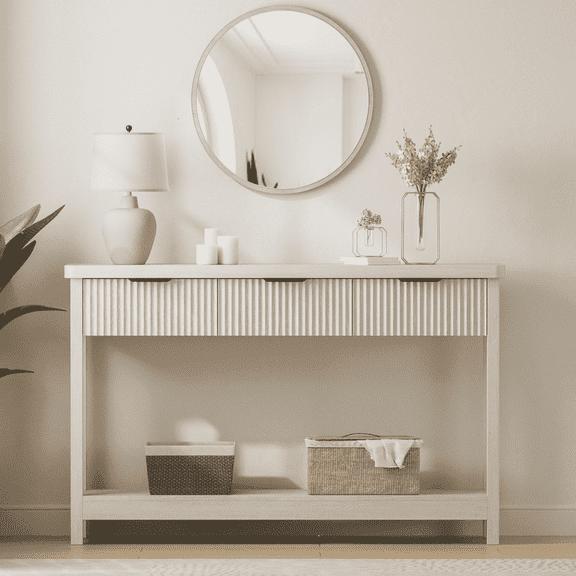 Aufeile 51" Console Table for Entryway, Fluted Entryway Table with 3 Storage Drawers and Open Shelf, Narrow Couch Sofa Table for Living Room Hallway Entrance Foyer, White Oak