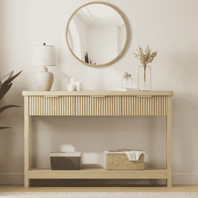 Aufeile 51" Entryway Table, Fluted Console Table with 3 Storage Drawers and Open Shelf, Narrow Couch Sofa Table for Living Room Hallway Entrance Foyer, Natural Oak