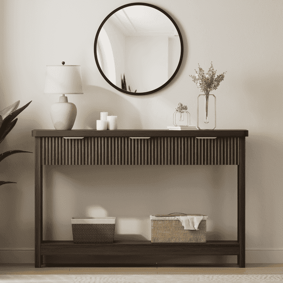 Aufeile 51" Entryway Table, Modern Fluted Console Table with 3 Storage Drawers and Open Shelf, Narrow Sofa Couch Table for Living Room Hallway Entrance Foyer, Walnut, Home Decor