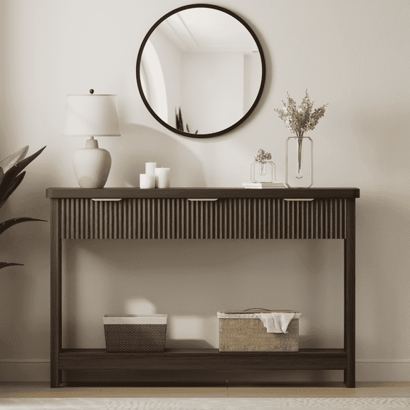 Aufeile 51" Entryway Table, Fluted Console Table with 3 Storage Drawers and Opan Shelf, Narrow Couch Sofa Table for Living Room Hallway Entrance Foyer, Walnut