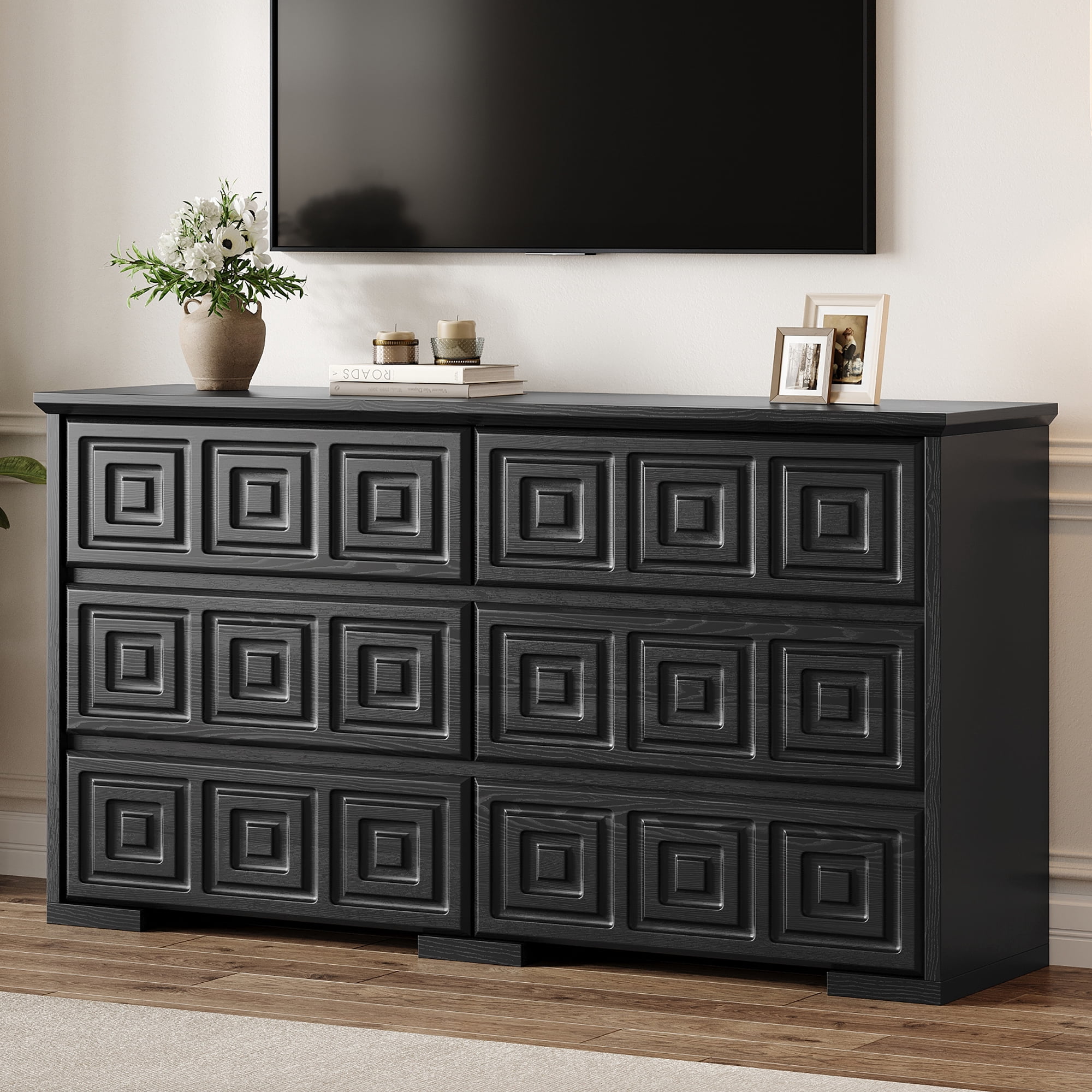 Aufeile Farmhouse Dresser for Bedroom, 54" Wide 6 Drawer Dresser with Carved Panels, Rustic Wooden Chest of Drawers, Long Bedroom Dresser Storage Cabinet for Living Room, Black