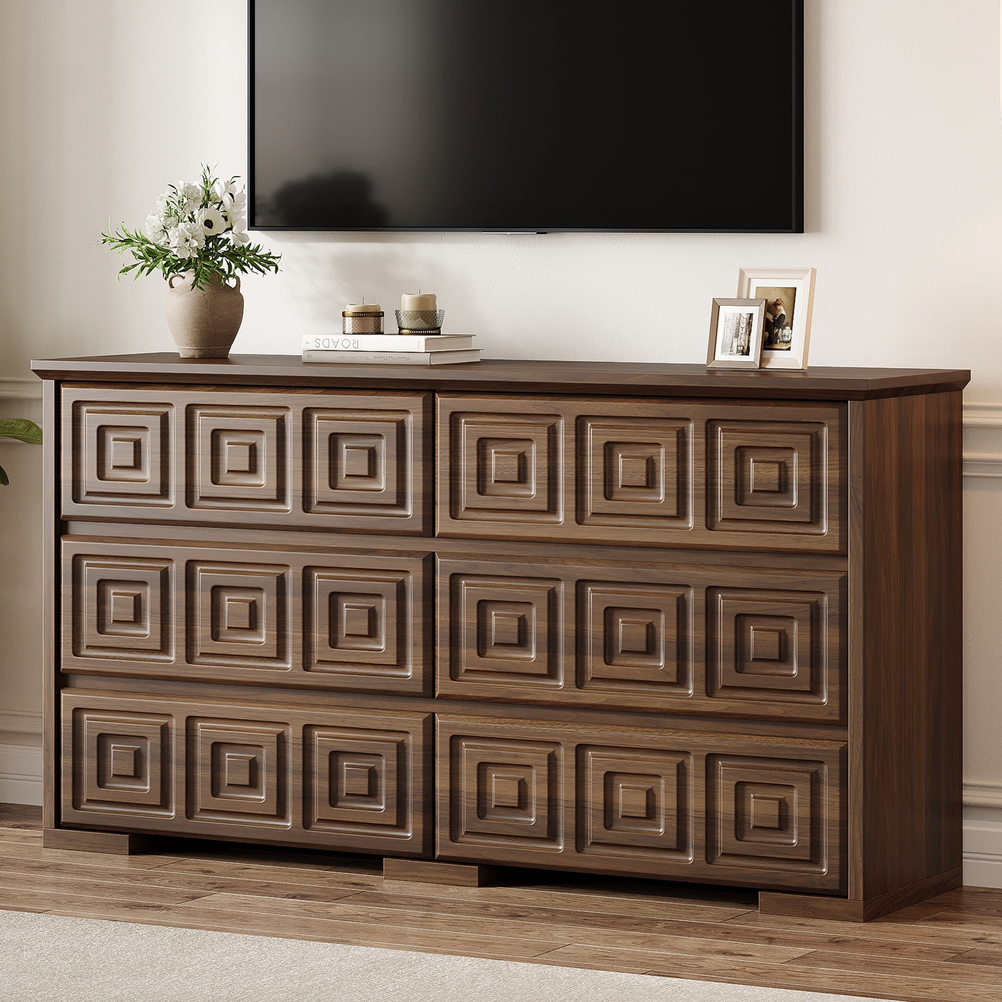 Aufeile Farmhouse Dresser for Bedroom, 54" Wide 6 Drawer Dresser with Carved Panels, Rustic Wooden Chest of Drawers, Long Bedroom Dresser Storage Cabinet for Living Room, Walnut