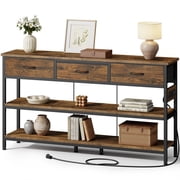 Aufeile 55" Console Table, Entryway Table with 3 Drawers and Outlets, Fabric Sofa Table with Open Shelves for Couch, Hallway, Foyer, Living Room, Brown