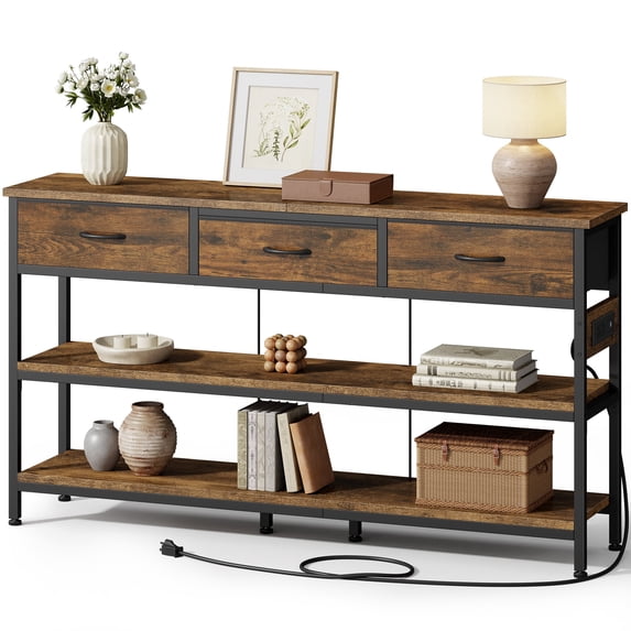 Aufeile 55" Console Table for Entryway, Fabric Sofa Table with 3 Drawers, Outlet and Open Shelves, Entryway Table for Couch, Hallway, Foyer, Living Room, Brown