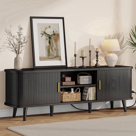 Aufeile TV Stand for 65 Inch TV, 59" Modern TV Stand with Power Outlet, Entertainment Center for Living Room, Fluted TV Console & Mueble Para TV with 2 Sliding Tambour Doors, Black