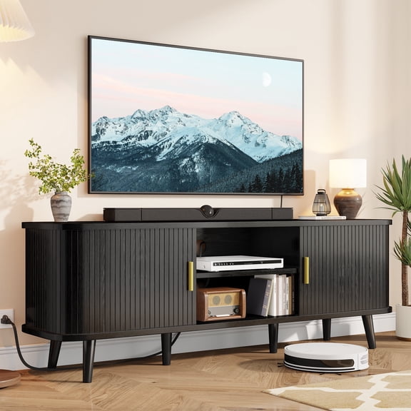Aufeile Modern 59" TV Stand for 65" TV, Wood Entertainment Center with Power Outlet and Storage, 2 Sliding Tambour Doors, Fluted TV Console Table for Living Room, Black
