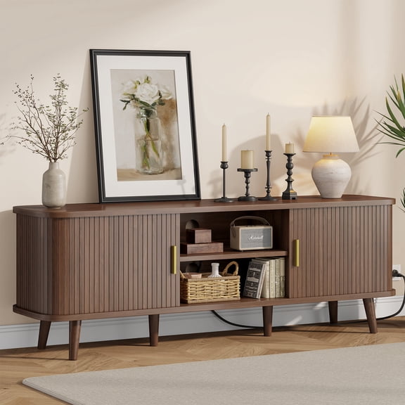 Aufeile Modern 59" TV Stand for 65" TV, Wood Entertainment Center with Power Outlet and Storage, 2 Sliding Tambour Doors, Fluted TV Console Table for Living Room, Walnut