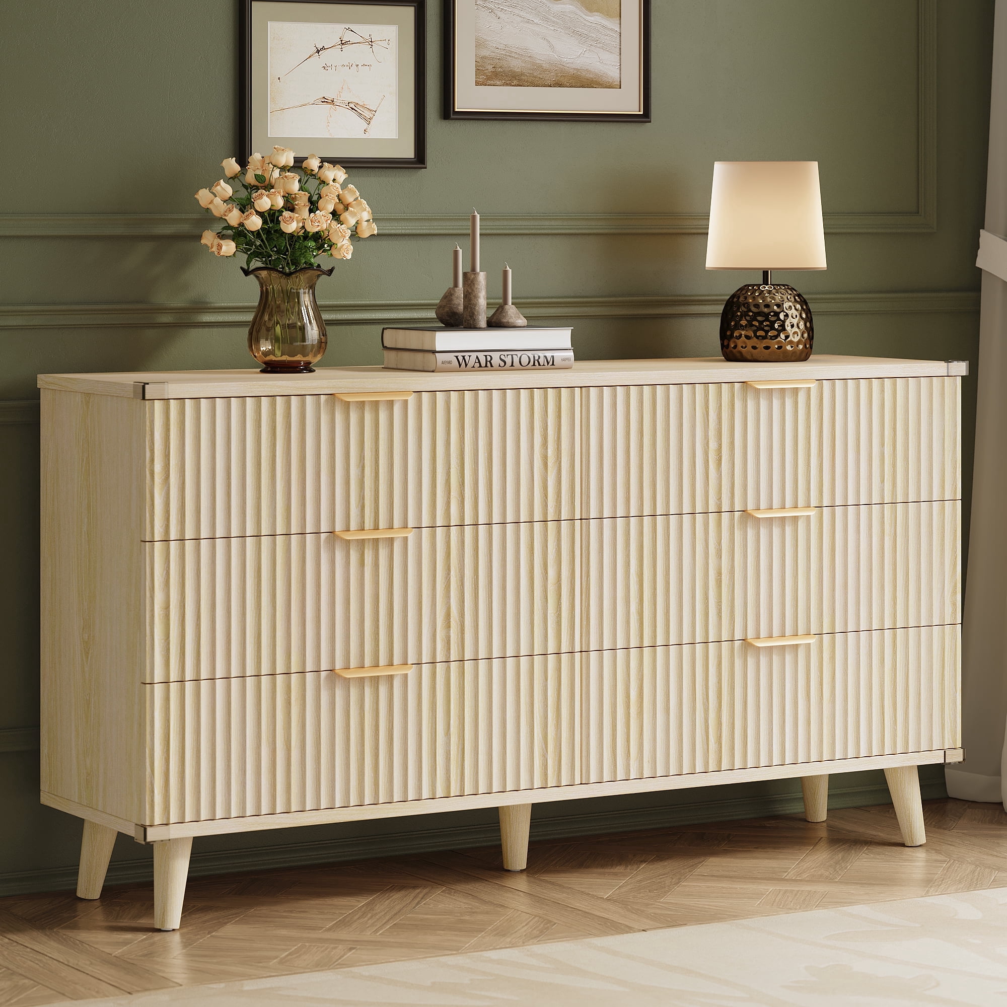Aufeile Dresser for Bedroom, 53" 6 Drawer Dresser with Chest of Drawers, Fluted Dresser & Wood Dresser for Adults, Long Dresser Bedroom Furniture TV Stand, Natural Oak
