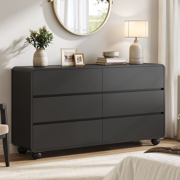 Aufeile Dresser for Bedroom, 6 Drawer Dresser & Chest of Drawers, 53" Modern Chest of Drawers with Curved Profile Design, Wood Dresser Storage Organizer for Adults, Black