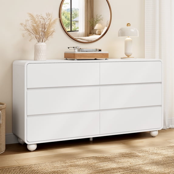 Aufeile Dresser for Bedroom, 6 Drawer Dresser & Chest of Drawers, 53" Modern Chest of Drawers with Curved Profile Design, Wood Dresser Storage Organizer for Adults, White