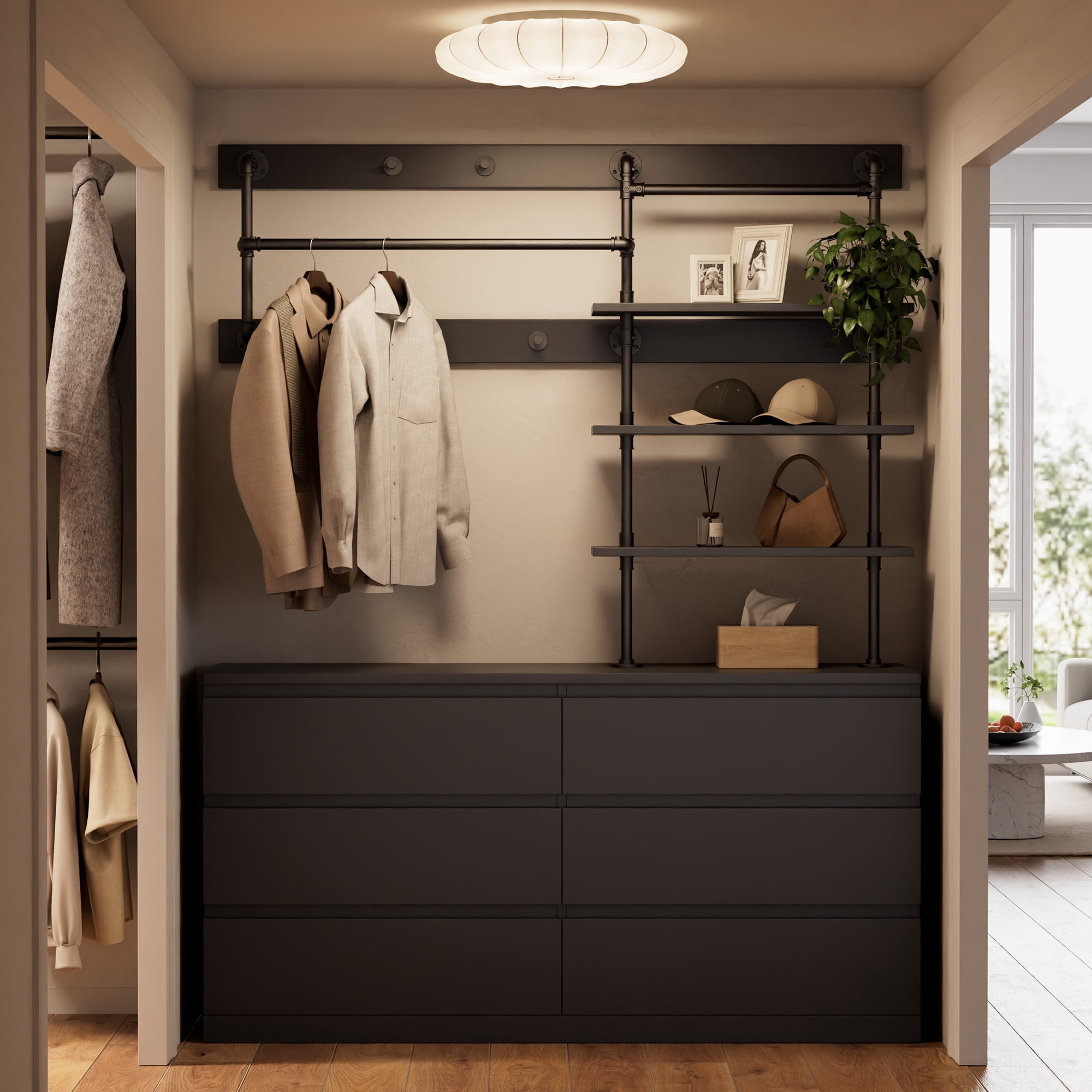 Aufeile Dresser for Bedroom, 77" Tall Dresser with 6 Drawer Chest of Drawers &Hanging Rack, Industrial Wood Dressers for Bedroom Adults, Large Closet Organizer Dresser, Black