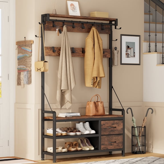 Aufeile 6-in-1 Hall Tree with Bench, Wide Entryway Bench with Shoe Storage, 24 Hooks, 2 Drawers, Hanging Rod & Shelf, Heavy Duty Coat Rack for Hallway, Living Room, Rustic Brown