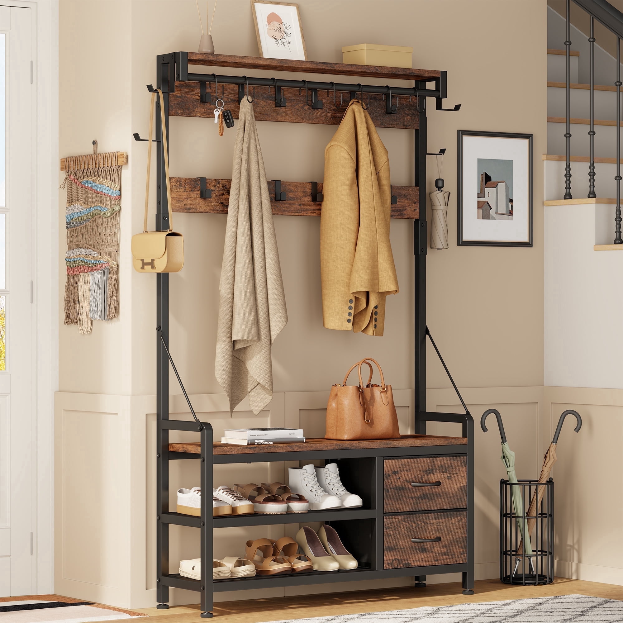 Bench Gook Aufeile 6-in-1 Hall Tree with Bench, Entryway Coat Rack with Shoe ...