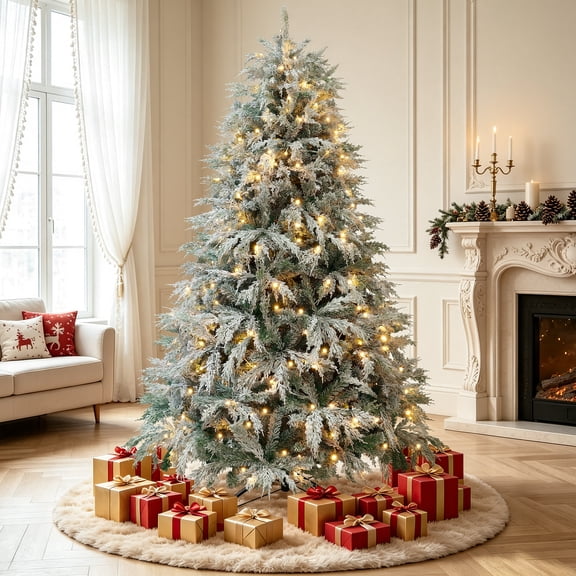 Aufeile 6FT Pre-Lit Christmas Tree, Snow Flocked Cypress Artificial Xmas Tree with 300 Warm White Lights, 2280 PE & PVC Hinged Tips, for Holiday Decor