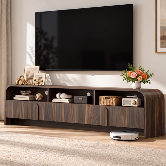 Aufeile 70" TV Stand for TVs up to 75 Inches, 4-Door Entertainment Center with Storage, Mid Century Modern TV Console with Soft-Close, Walnut