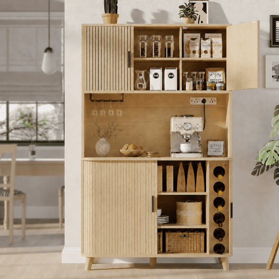 Aufeile 71" Tall Pantry Storage Cabinet, Modern Coffee Bar Hutch with Tambour Sliding Door, Freestanding Kitchen Storage Cupboard with Charging Station & Microwave Stand for Dining Room, Oak