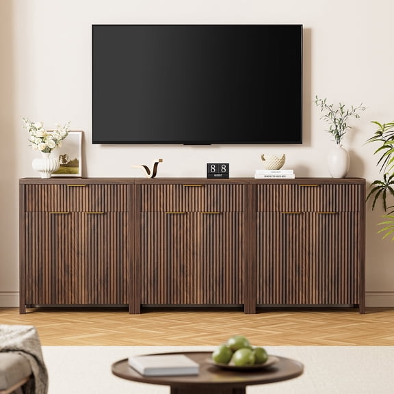 Aufeile Set of 3 Sideboard Buffet Cabinet, 85" Modular Storage Cabinet with Drawer & Adjustable Shelves, Fluted Accent Credenza for Dining Room Living Room, Walnut