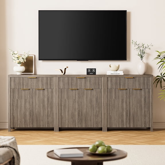 Aufeile Set of 3 Sideboard Buffet Cabinet, 85" Modular Storage Cabinet with Drawer & Adjustable Shelves, Fluted Accent Credenza for Dining Room Living Room, Gray Oak