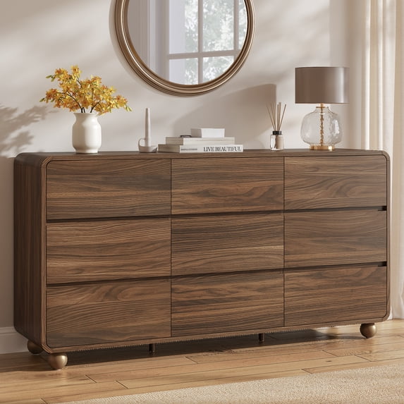 Aufeile 9 Drawer Dresser for Bedroom, 58.93" Modern Wood Dresser with Curved Design, Chest of Drawers, Walnut