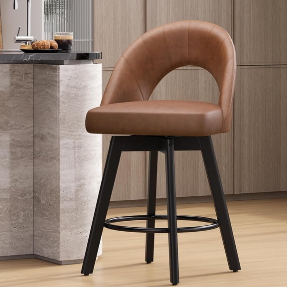 Aufeile Bar Stools Set of 1, 24" Swivel Counter Height Barstools with PU Leather Padded Seat, Hollow Curved Back, Solid Wood Legs & Metal Footrest, Kitchen Island Dining Chairs, Camel