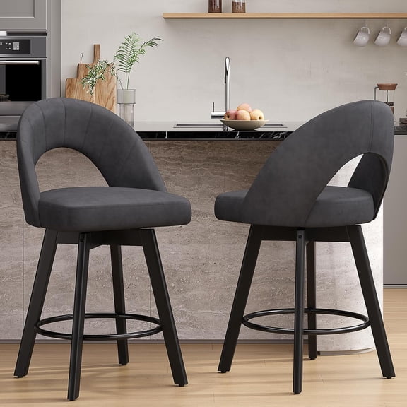 Aufeile Bar Stools Set of 2, 24" Swivel Counter Height Barstools with PU Leather Padded Seat, Hollow Curved Back, Solid Wood Legs & Metal Footrest, Kitchen Island Dining Chairs, Charcoal Gray