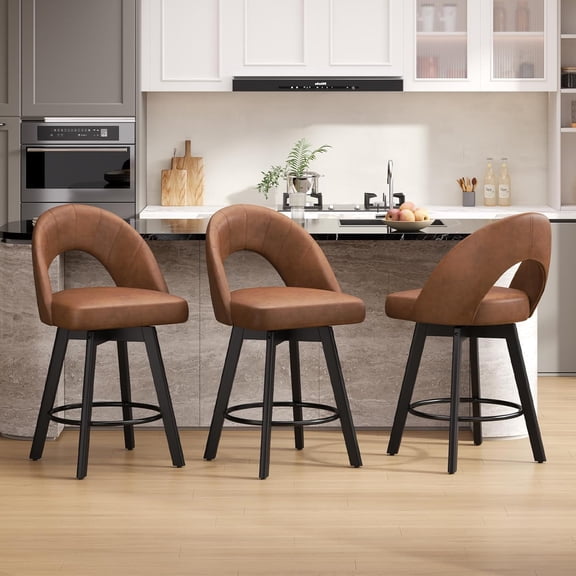 Aufeile Bar Stools Set of 3, 24" Swivel Counter Height Barstools with PU Leather Padded Seat, Hollow Curved Back, Solid Wood Legs & Metal Footrest, Kitchen Island Dining Chairs, Camel