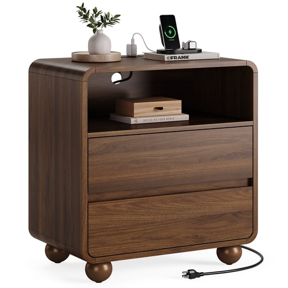 Aufeile Curved Wood End Table with Charging Station, 23.6" Large Side Table with 2 Drawers & Storage Shelf, Modern Accent End Table for Living Room or Bedroom, Walnut