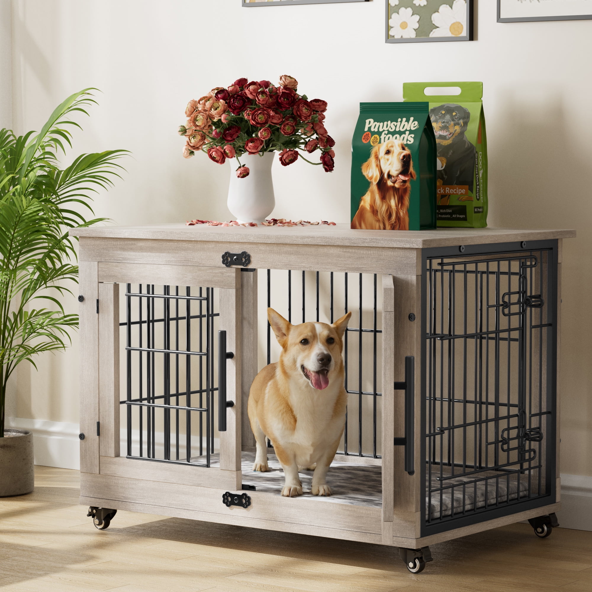 Aufeile Dog Crate Furniture with Wheels, 32 in Wooden End Table Dog Cage with 2 Doors and Removable Cushion, Indoor Pet Kennel for Medium Breeds, Gray