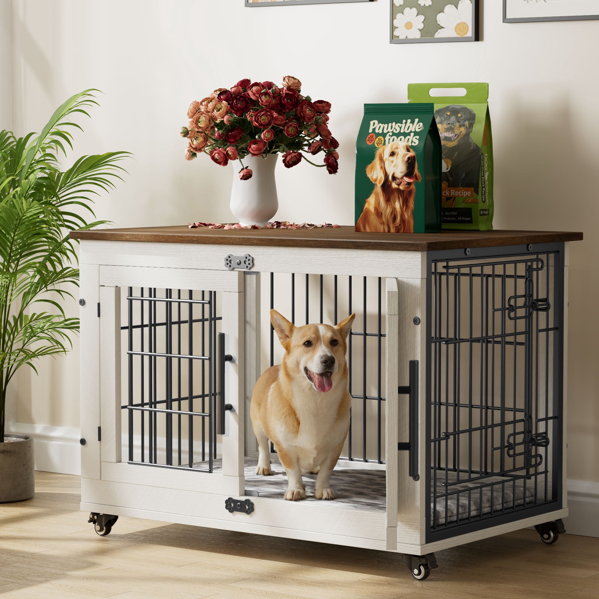 Aufeile Dog Crate Furniture with Wheels, 32 in Wooden End Table Dog Cage with 2 Doors and Removable Cushion, Indoor Pet Kennel for Medium Breeds, White
