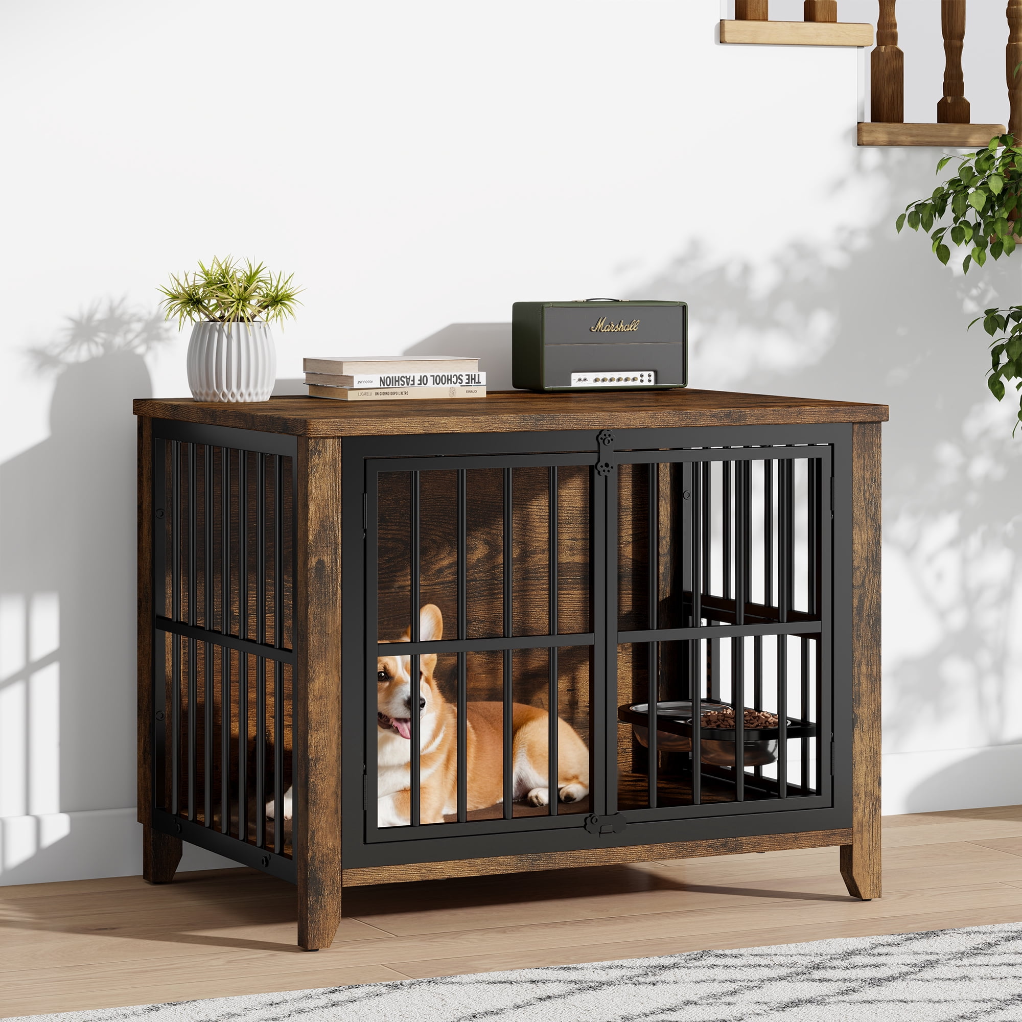 Aufeile Dog Crate with 2 Adjustable Dog Bowls, 31.5" Dog Kennel for Inside, Ideal for Medium Breeds Up to 50 lbs, Brown