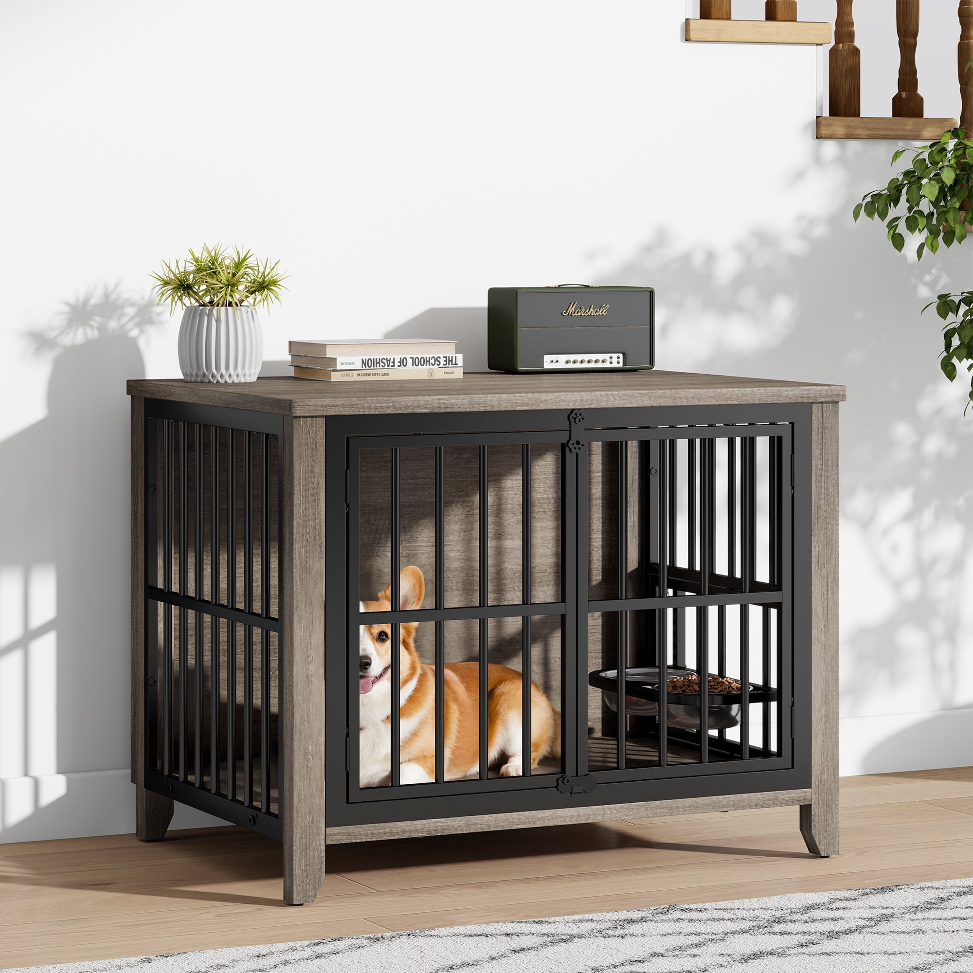 Aufeile Dog Crate with 2 Adjustable Dog Bowls, 31.5" Dog Kennel for Inside, Ideal for Medium Breeds Up to 50 lbs, Gray