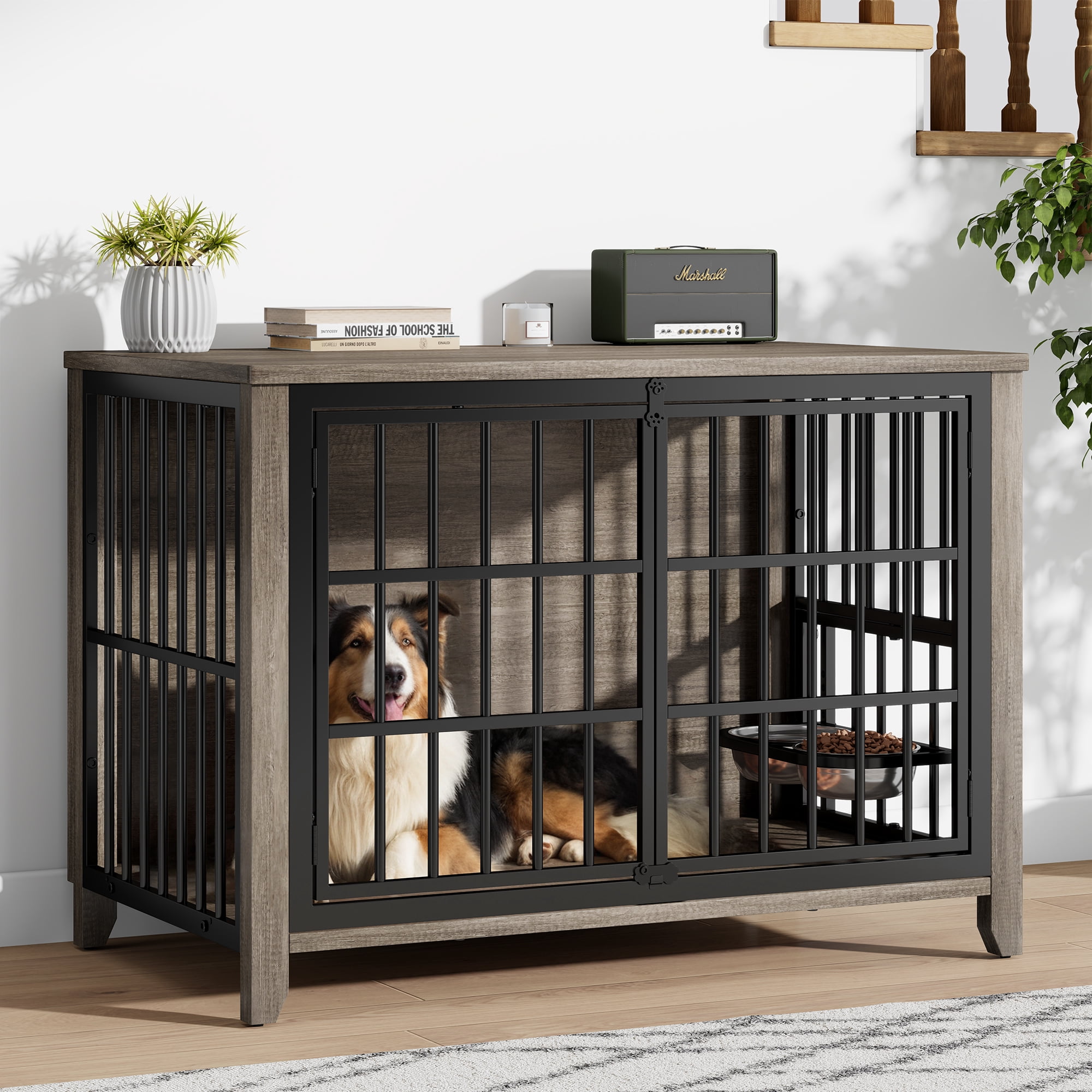 Aufeile Dog Crate with 2 Adjustable Dog Bowls, 37.7" Dog Kennel for Inside, Ideal for Medium to Large Breeds Up to 75 lbs, Gray