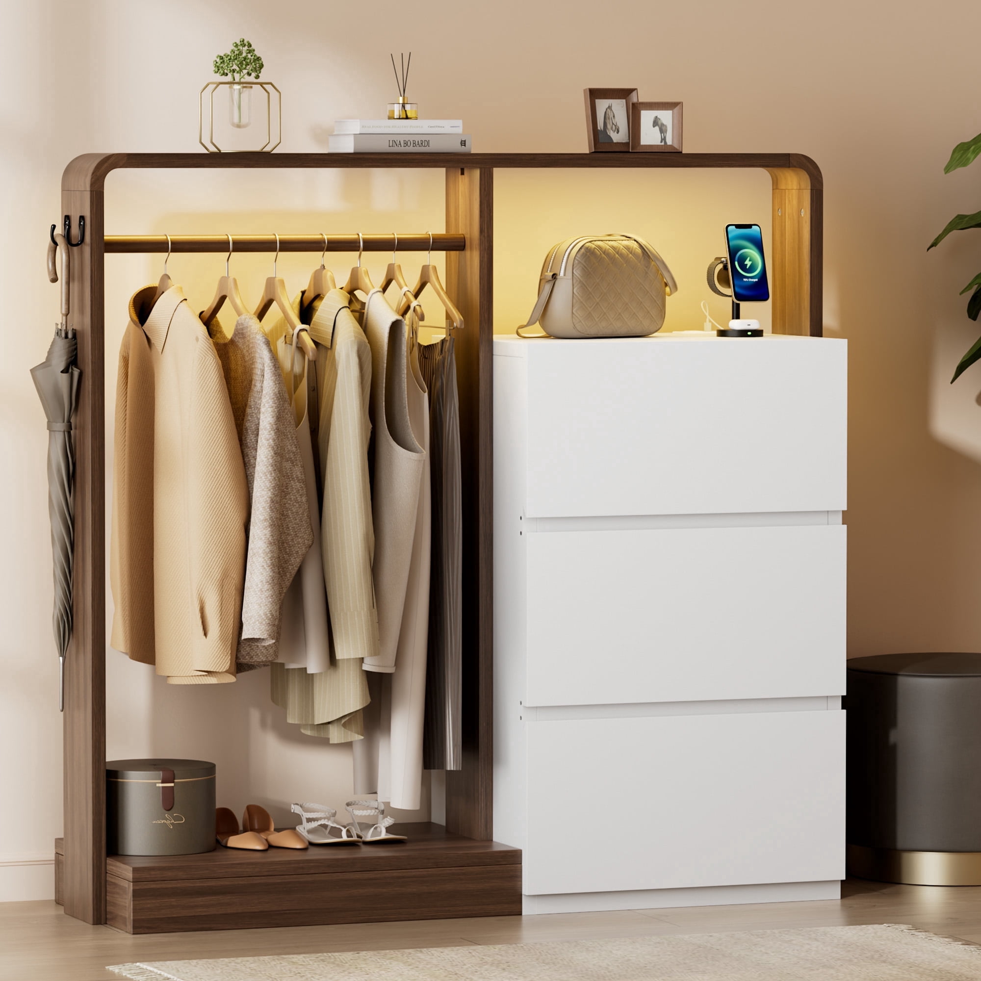 Aufeile Dresser for Bedroom, 3 Drawer Dresser with Hanging Rod, LED Lights & Charging Station, Modern Wood Storage Dresser Chest for Bedroom, Closet, Entryway, White