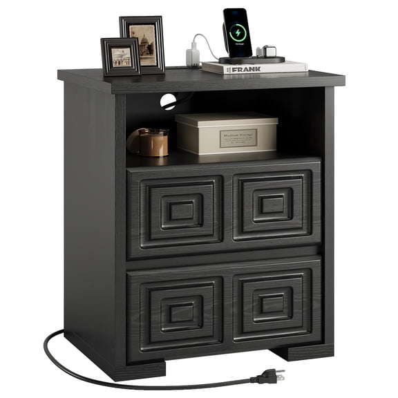 Aufeile Farmhouse 2-Drawer Nightstand, Rustic Sofa Side Table with USB & AC Outlets for Bedroom, End Tables for Living Room, Black