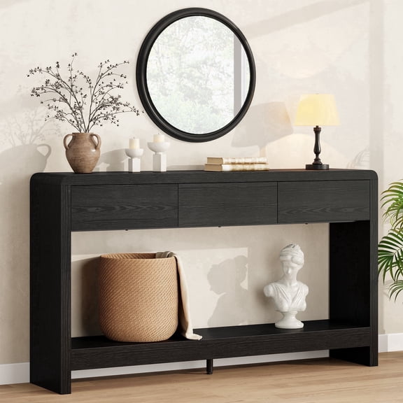 Aufeile 55" Console Table with 3 Drawers, Modern Entryway Table with Open Storage Shelf, Sofa Table Behind Couch, Wooden Entry Table for Living Room, Entrance, Hallway, Black