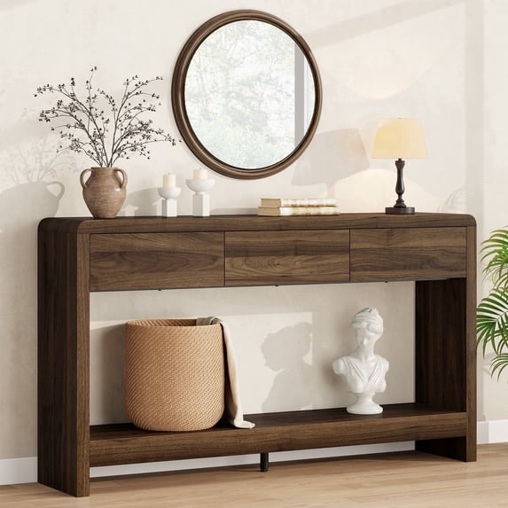 Aufeile Curved Console Table, 55" Farmhouse Entryway Table with 3 Drawers and Open Shelf, Sofa Table Behind Couch, Wooden Entry Table for Entrance, Living Room, Hallway, Walnut
