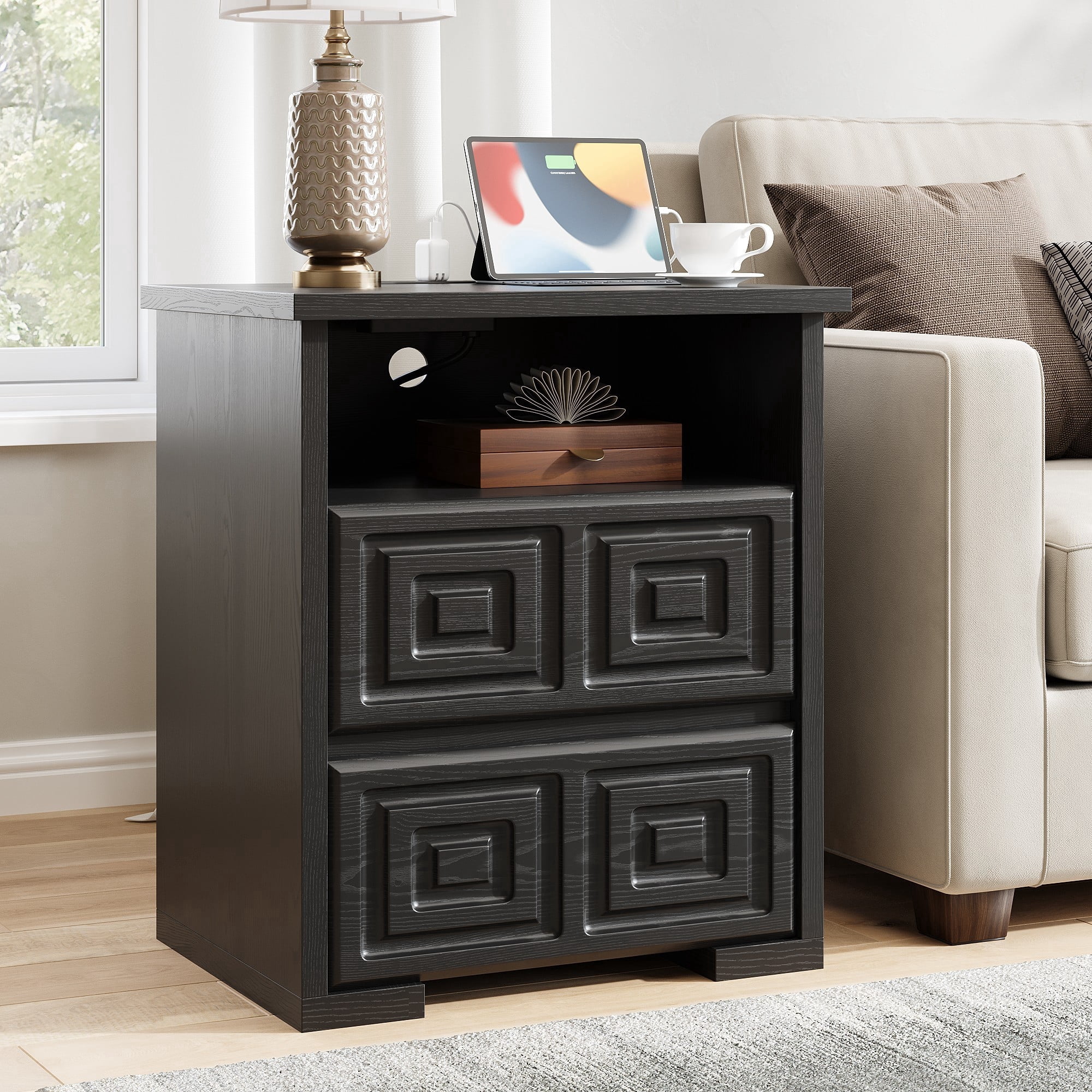 Aufeile Farmhouse Nightstand with Charging Station, Wood Nightstand with 2 Drawers & Open Shelf, Bedside Table for Bedroom, Small Side Table Stand for Living Room, Black