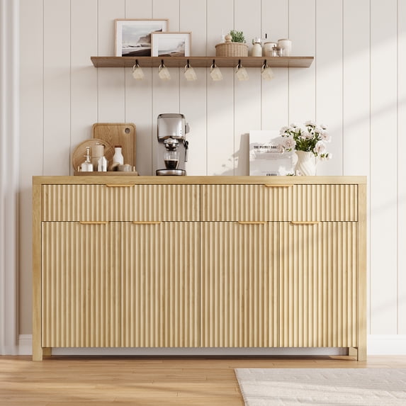 Aufeile Fluted Buffet Cabinet with 2 Drawers, 55L Large Sideboard Credenza with Adjustable Shelf for Dining Room Storage Cabinet, Kitchen Pantry Organizer, Coffee Bar Station, Natural Oak