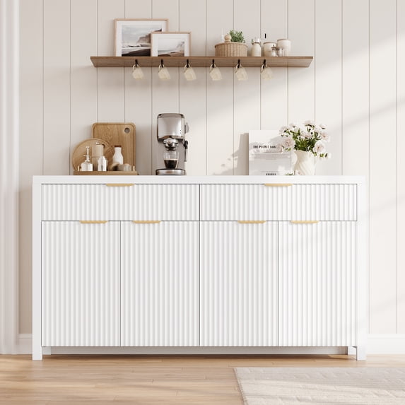 Aufeile Fluted Buffet Cabinet with 2 Drawers, 55L Large Sideboard Credenza with Adjustable Shelf for Dining Room Storage Cabinet, Kitchen Pantry Organizer, Coffee Bar Station, White
