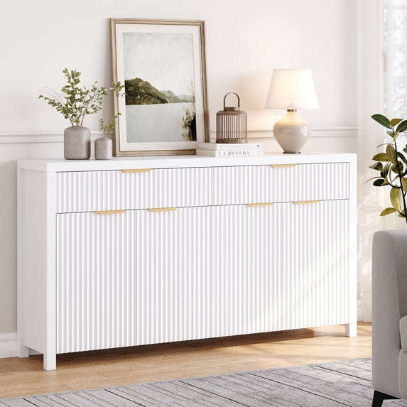 Aufeile Fluted Buffet Cabinet with 2 Drawers, 55L Large Sideboard Credenza with Adjustable Shelf for Dining Room Storage Cabinet, Kitchen Pantry Organizer, Coffee Bar Station, White